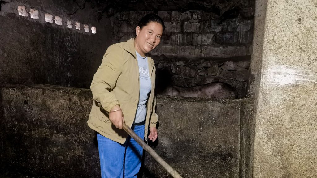 Chinese woman smiling in a pig pen