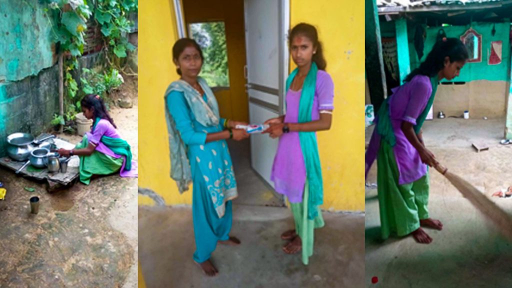 A young girl in traditional clothing doing household chores.