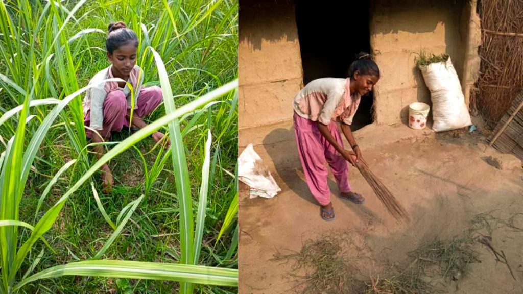 A young girl working in a field, surrounded by tall green crops and another photo of her sweeping the floor outside a hut.