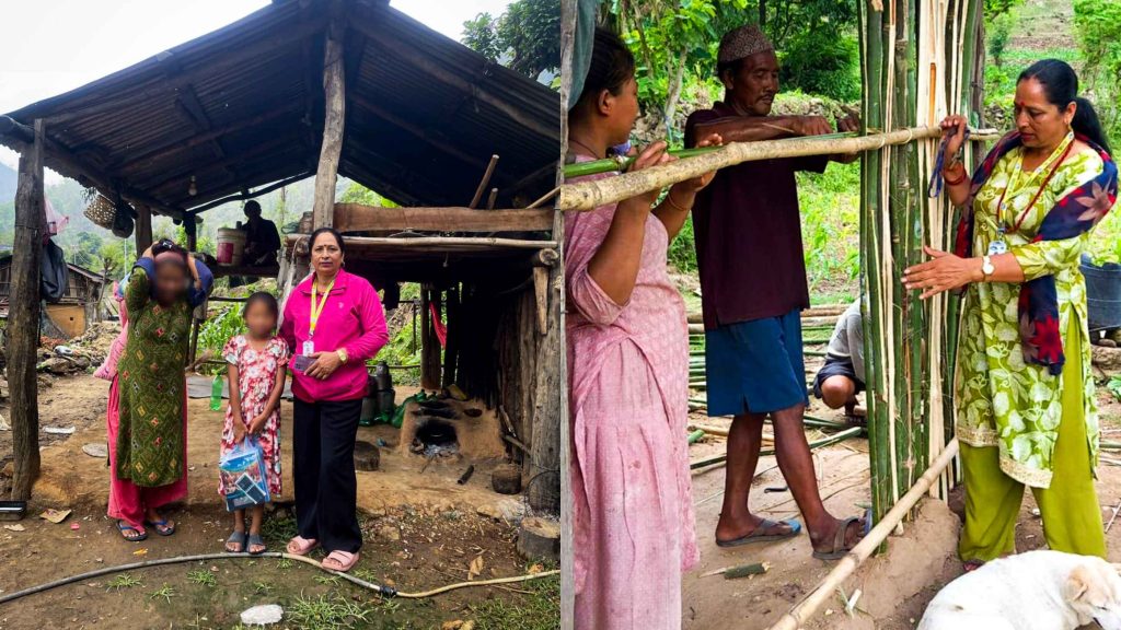 Two photos. The first one shows two women and a child standing together in front of a rustic hut. The second photo shows two women and a man adding bamboo to a hut while a dog rests beside them.