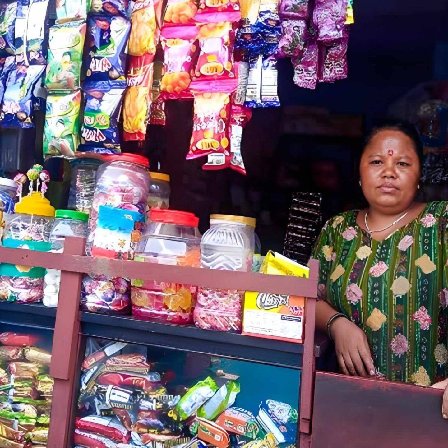 A woman poses in a snack shop, showcasing the colorful assortment of snacks available for purchase.