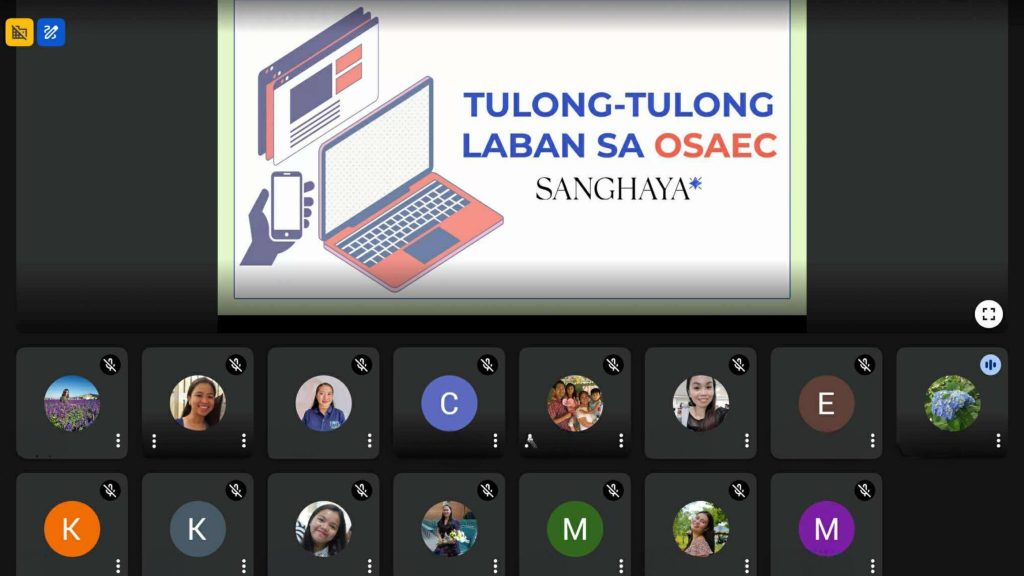 Screenshot of a video conference displaying the text "tulung tulong laban sa osaec" prominently on the screen.
