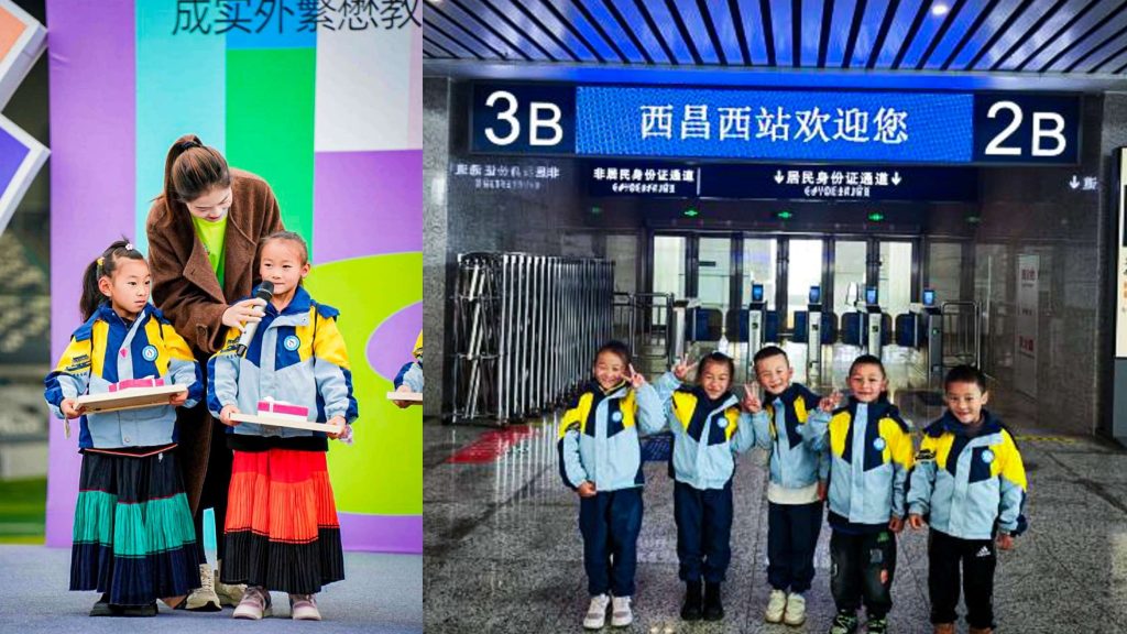 Photo on the left shows two girls and a woman with a microphone. Photo on the right shows a group of children standing together in a train station.