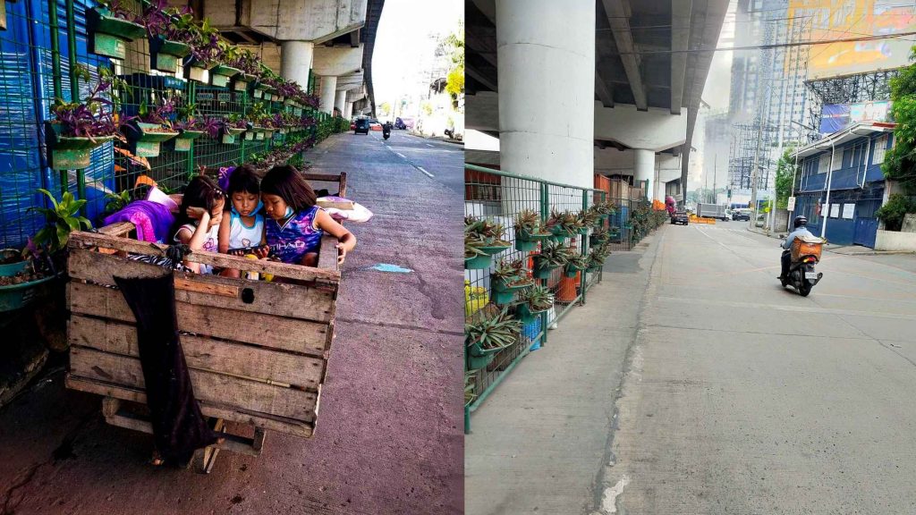 Left side shows children playing inside a wooden cart on an urban street lined with plants. Right side depicts an empty street under an overpass, with potted plants along a fence.