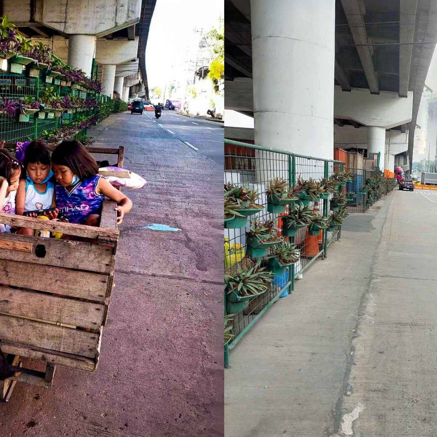 Left side shows children playing inside a wooden cart on an urban street lined with plants. Right side depicts an empty street under an overpass, with potted plants along a fence.