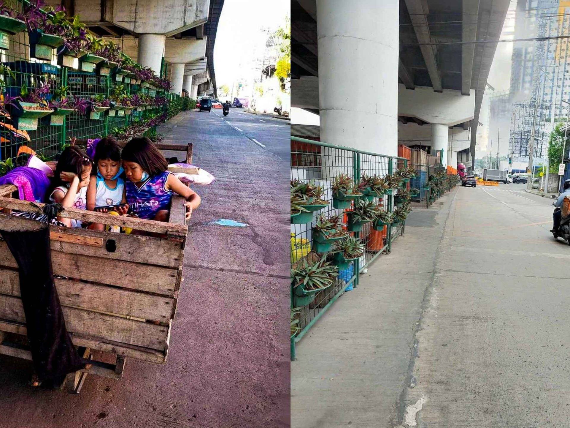 Left side shows children playing inside a wooden cart on an urban street lined with plants. Right side depicts an empty street under an overpass, with potted plants along a fence.