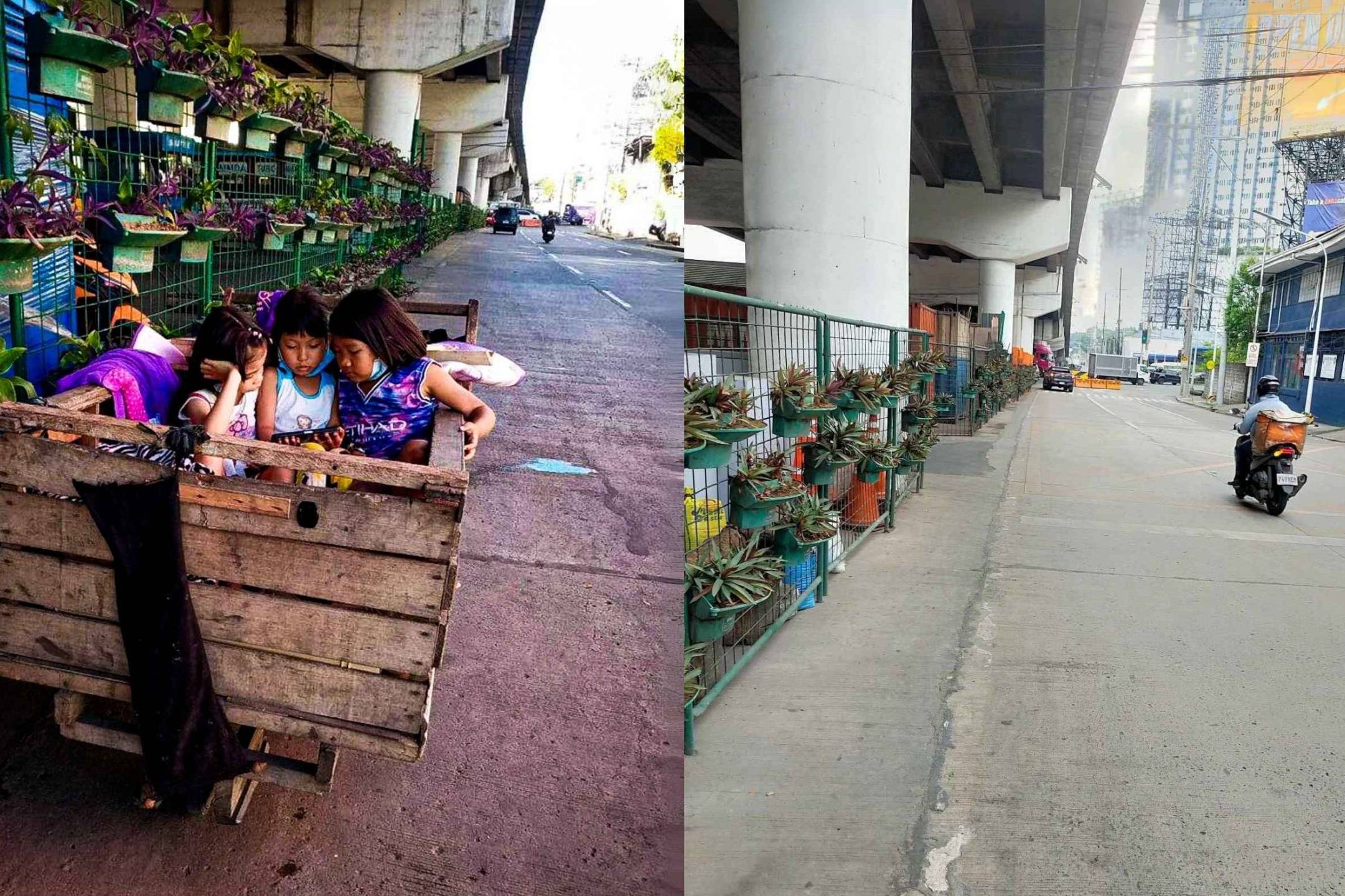 Left side shows children playing inside a wooden cart on an urban street lined with plants. Right side depicts an empty street under an overpass, with potted plants along a fence.