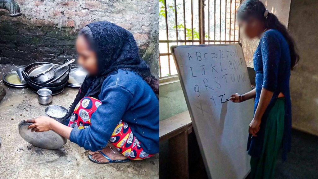 A woman is washing dishes outdoors, wearing colorful clothes and a headscarf, next to metal pots. Another scene shows her inside writing the alphabet on a whiteboard, highlighting education. The mood contrasts daily chores with aspirations. Face blurred for privacy.