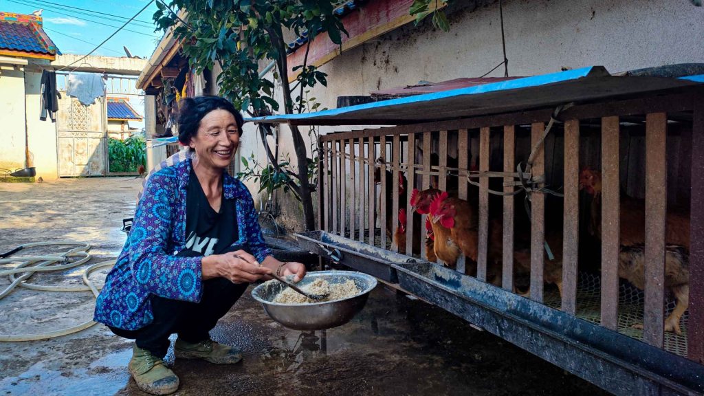 Smiling woman in a colorful jacket feeding chickens in a rustic backyard, conveying warmth and simplicity. Hens are in a wooden coop beside her.