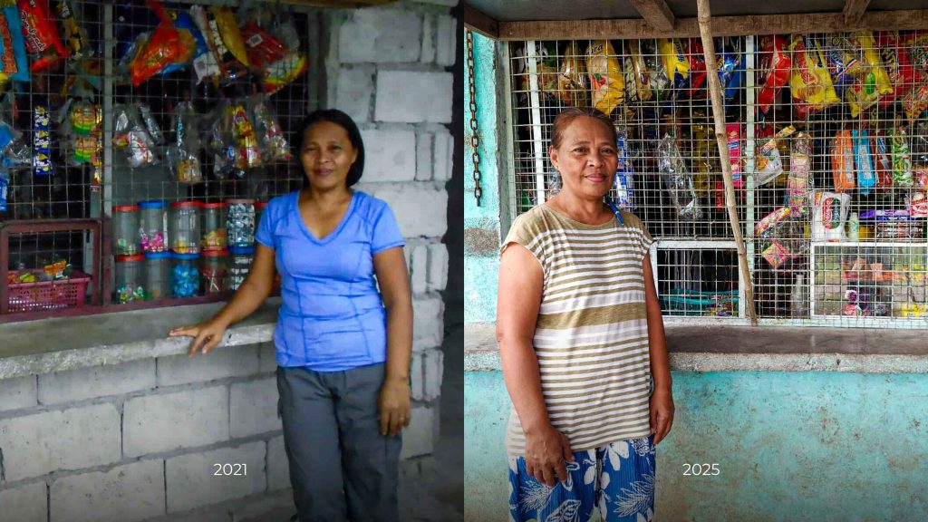 Side-by-side images of a woman in 2021 and 2025, standing in front of her store. The store has expanded, showing more products and vibrant packaging. The woman appears content, reflecting growth over time.