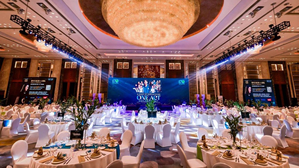 Luxurious banquet hall with elegant round tables, white chairs, and decorative plants under a large chandelier. A large illuminated screen is in the background.