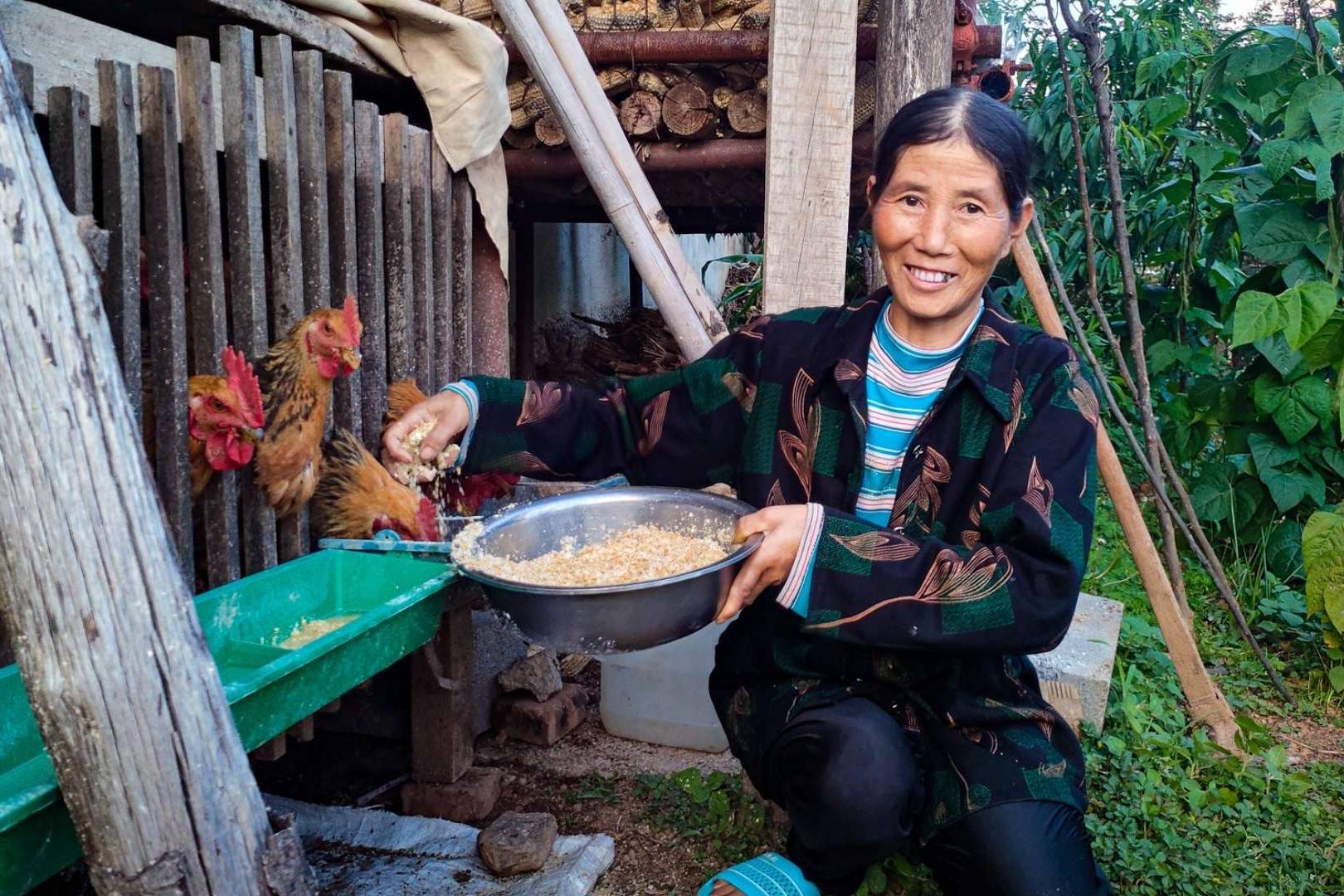 A smiling person kneels outdoors, feeding chickens from a bowl. They're next to a wooden coop, with green plants in the background, conveying a rural setting.