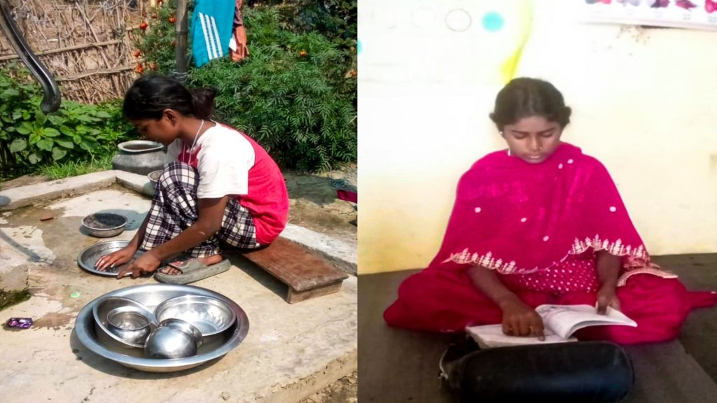 Split image: Left shows a girl washing dishes outdoors, wearing casual clothing. Right shows her in a bright dress, reading attentively indoors. Contrasts chores and education.