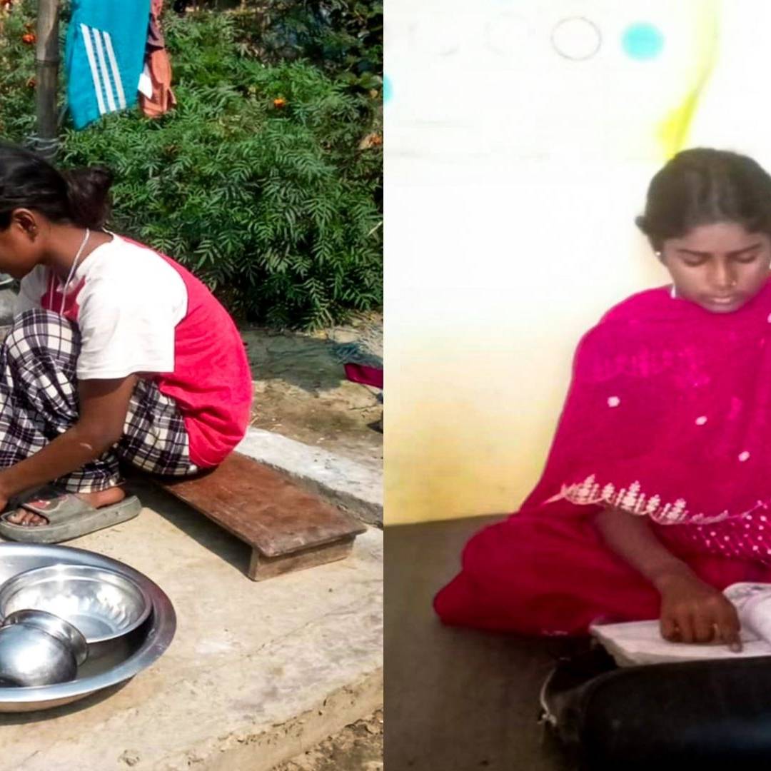 Split image: Left shows a girl washing dishes outdoors, wearing casual clothing. Right shows her in a bright dress, reading attentively indoors. Contrasts chores and education.
