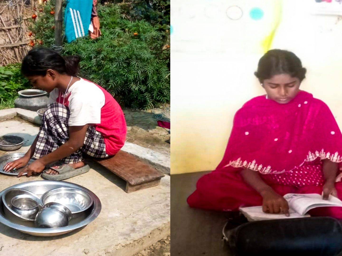 Split image: Left shows a girl washing dishes outdoors, wearing casual clothing. Right shows her in a bright dress, reading attentively indoors. Contrasts chores and education.