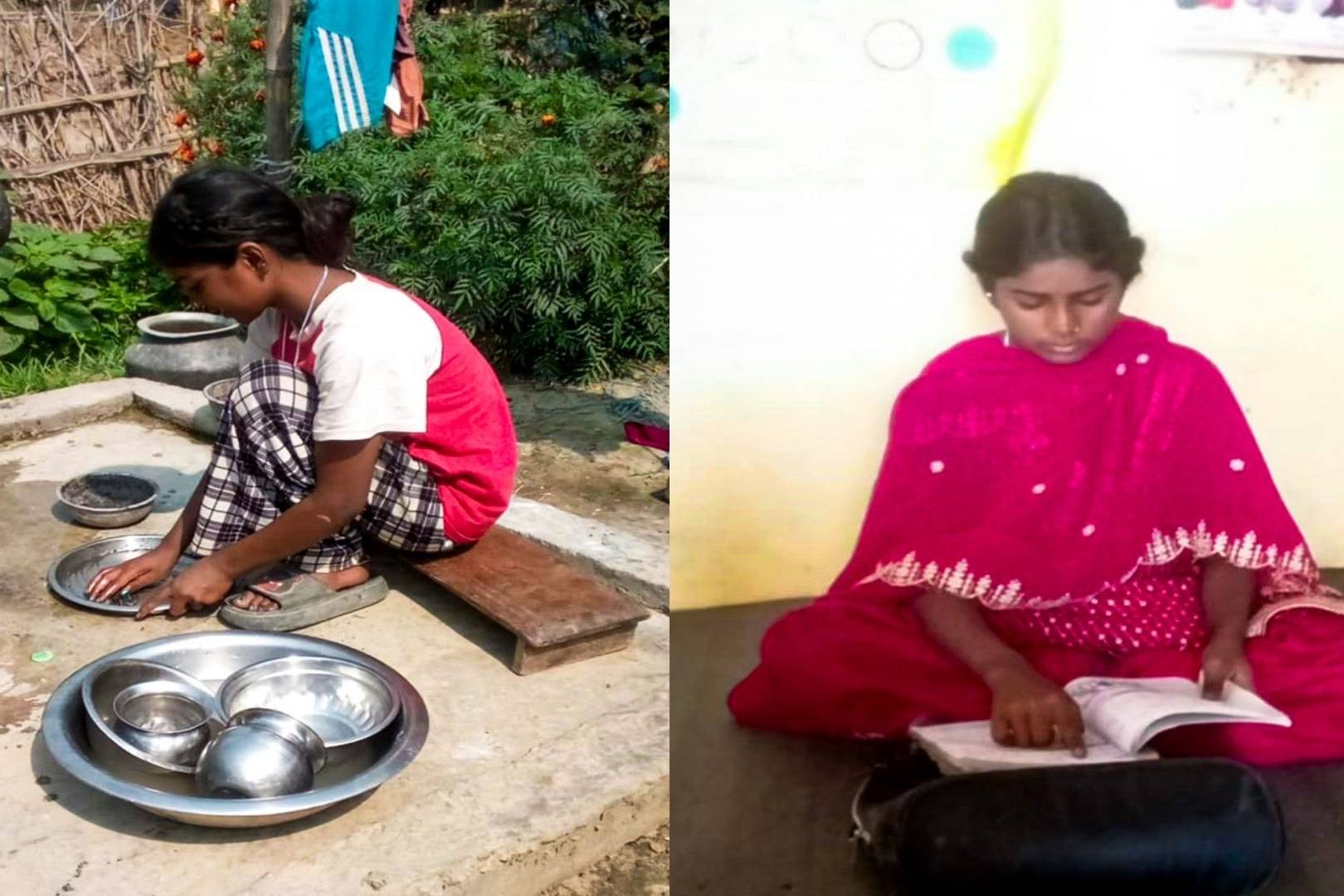 Split image: Left shows a girl washing dishes outdoors, wearing casual clothing. Right shows her in a bright dress, reading attentively indoors. Contrasts chores and education.