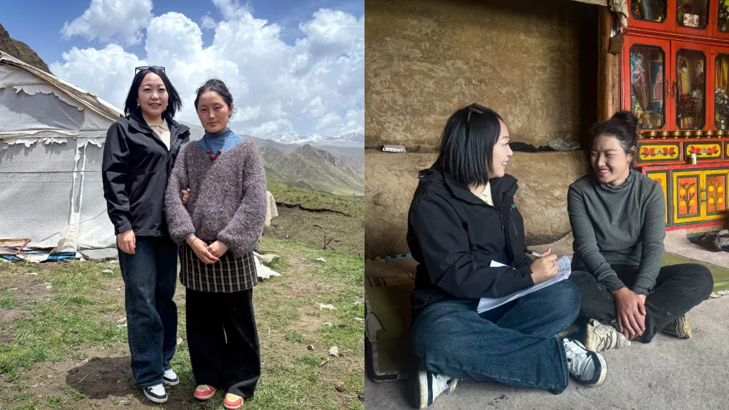 Left image: Two women stand in front of a tent on a grassy hillside under a cloudy sky, conveying a sense of community. Right image: The same women sit indoors on the floor, smiling and chatting warmly, with vibrant decorations behind them, evoking a feeling of connection.