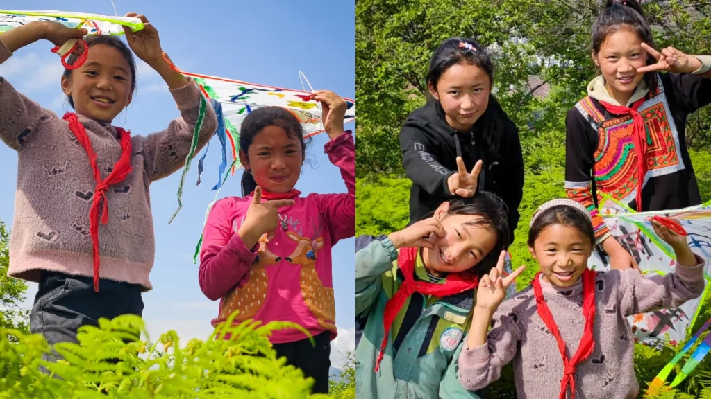 Two images show five joyful children outdoors, holding a colorful kite. They pose playfully against a backdrop of lush greenery and a clear blue sky.