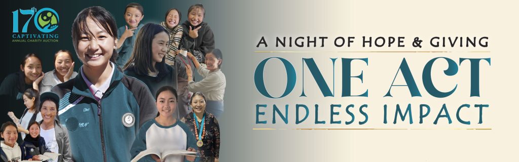 A group of smiling young individuals is featured under the text "A Night of Hope & Giving: One Act, Endless Impact," conveying a message of positivity and charity.