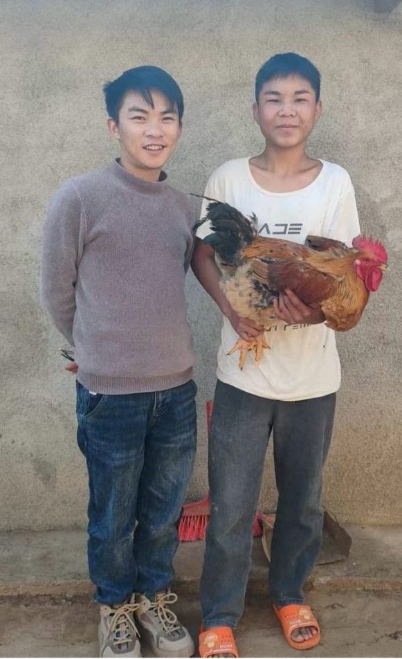Two boys holding a chicken