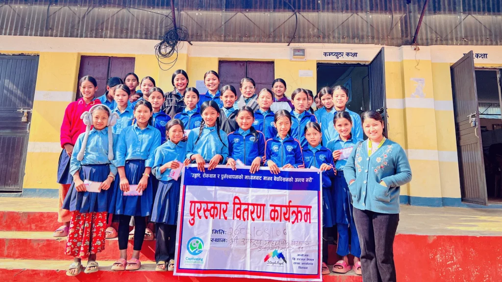 A cheerful group of school kids standing together, smiling for a photo.