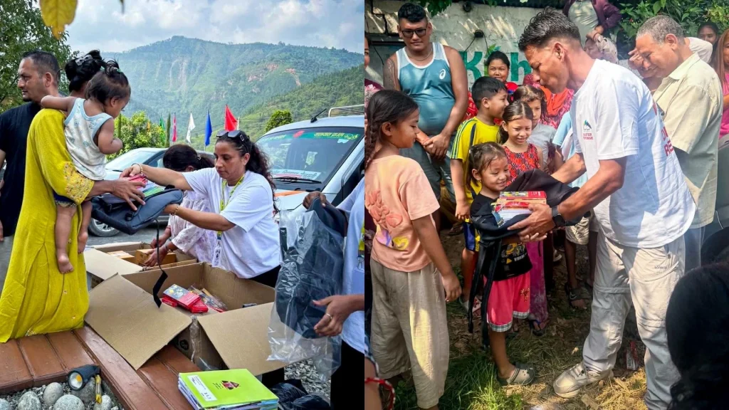 Volunteers distribute school supplies and backpacks to children and families in an outdoor setting with a mountain backdrop and a parked vehicle.