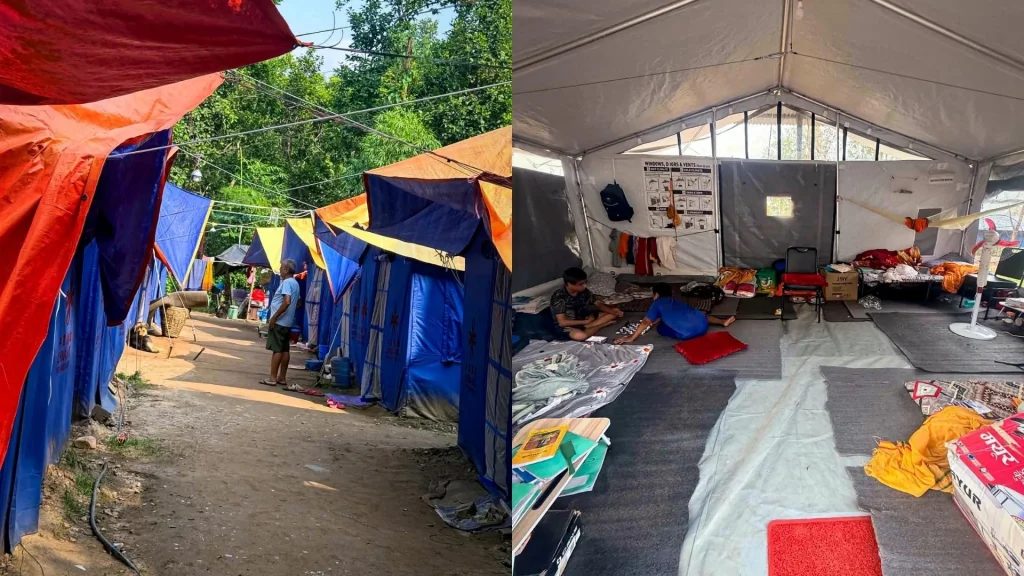 A split view showing a row of blue and orange outdoor tents on the left and the interior of a large, furnished emergency shelter tent on the right.