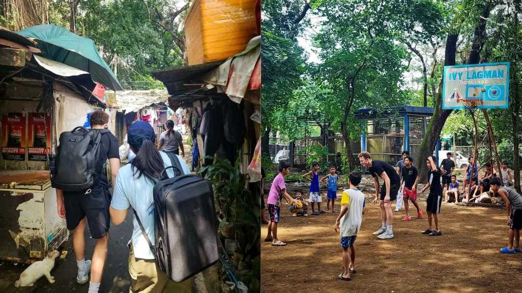 Split image shows travelers walking through a rustic slum community trail in the Philippines and children playing basketball in a leafy outdoor court, creating a lively scene.