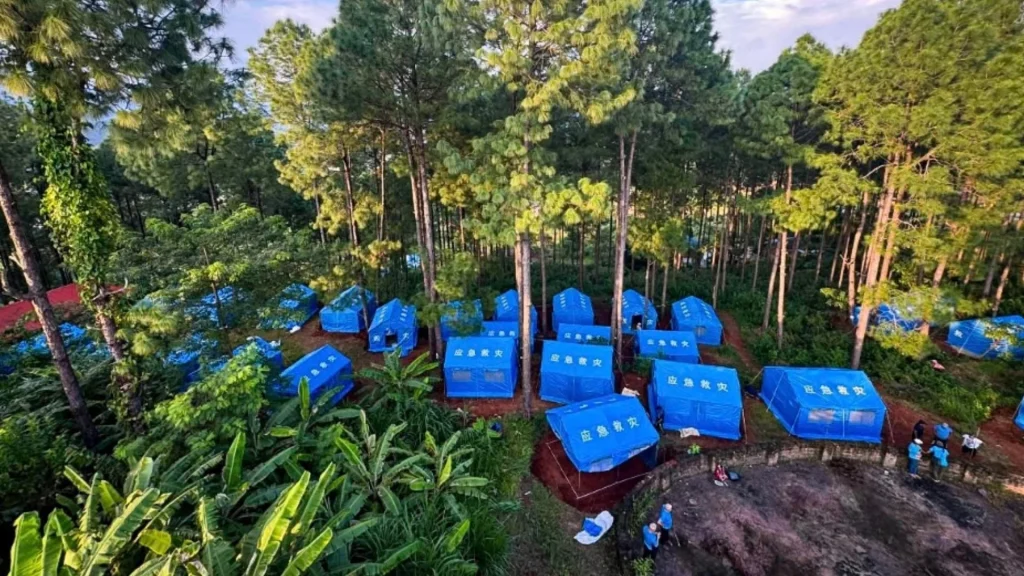 An aerial view shows many blue emergency relief tents set up in a wooded area among tall pine trees and lush green vegetation on a dirt ground in Nepal.