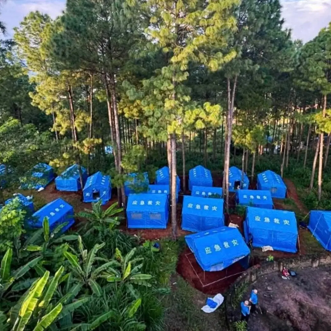 An aerial view shows many blue emergency relief tents set up in a wooded area among tall pine trees and lush green vegetation on a dirt ground in Nepal.
