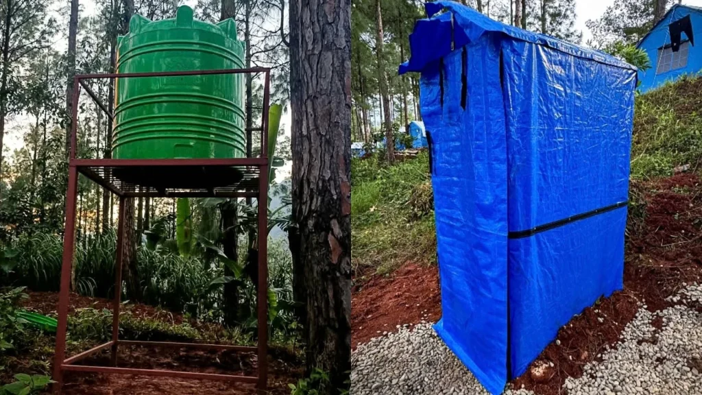 A split image showing a green water tank on a metal stand next to a tall, rectangular enclosure made of blue tarp for a temporary toilet in a forest area A split image showing a green plastic water tank on a metal stand next to a tall, rectangular shower enclosure made of blue tarp in a forest area in Nepal.