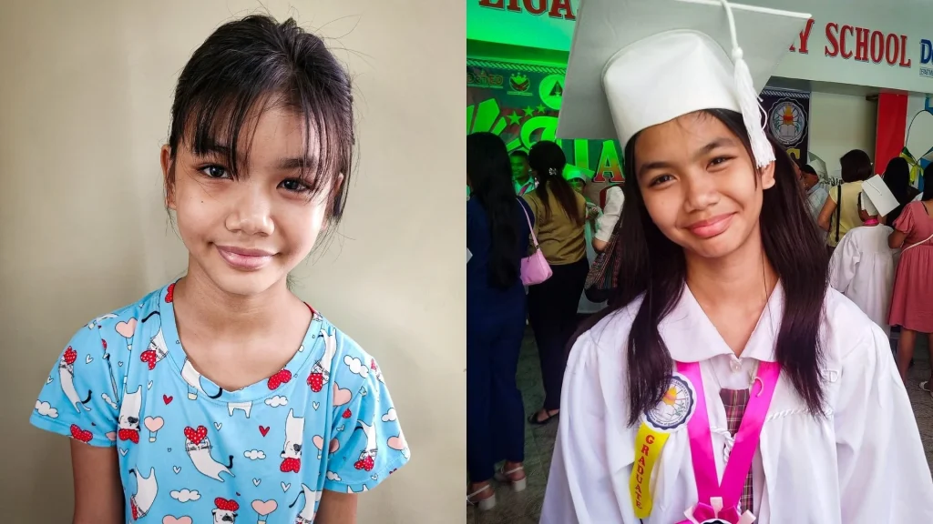 Side-by-side portraits of the same girl: the girl at a younger age smiling in a blue cartoon shirt and an older version of herself in white uniform and graduation cap at a lively school event in the Philippines.