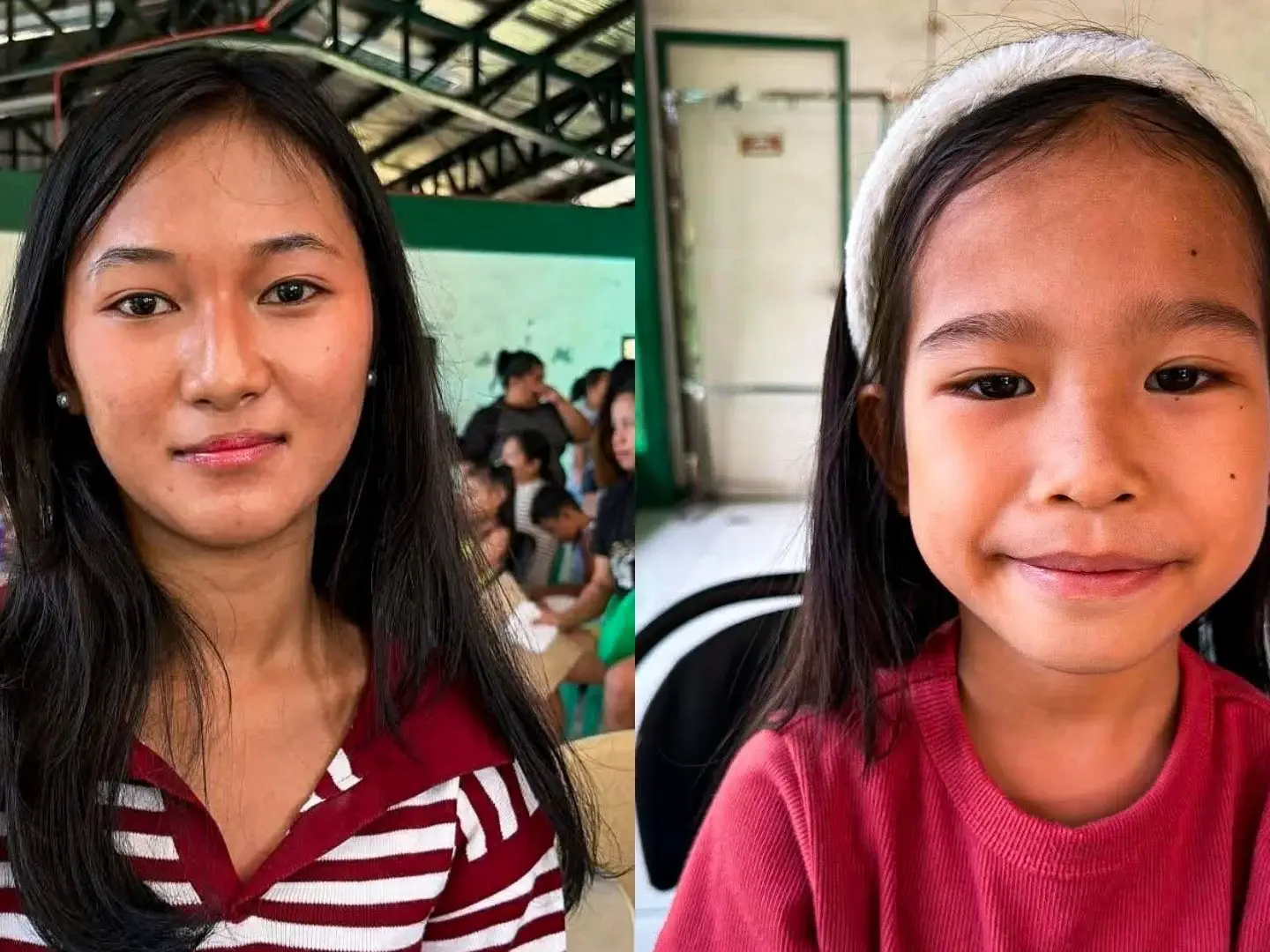 Two girls sit indoors in the Philippines; the left one wears a red and white striped shirt, while the right one wears a red top and white headband. Other people are visible in the background.