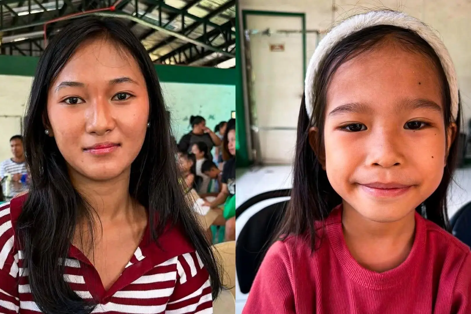 Two girls sit indoors in the Philippines; the left one wears a red and white striped shirt, while the right one wears a red top and white headband. Other people are visible in the background.