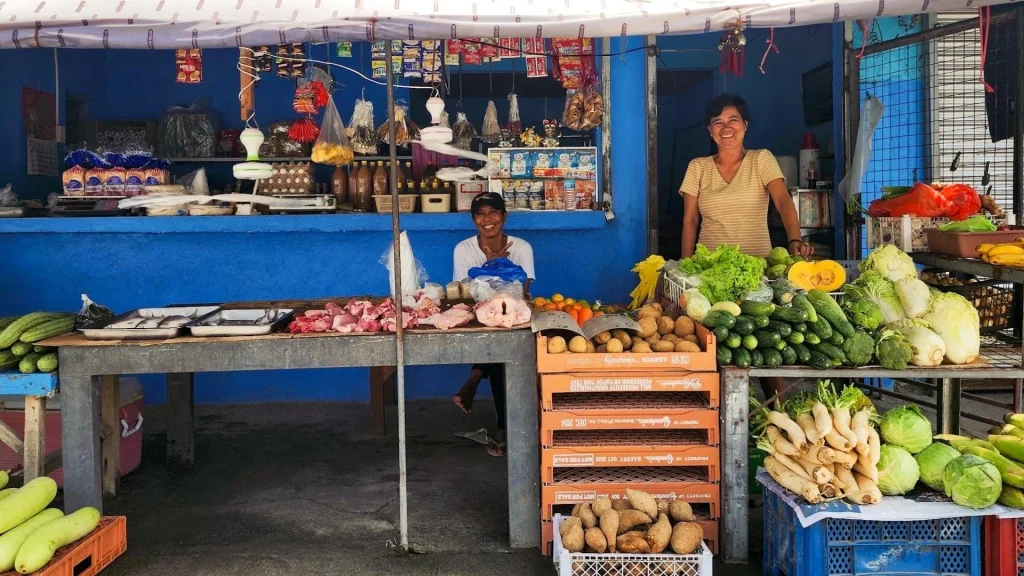 Colorful outdoor market stall with two vendors, fresh vegetables, fruit, meat, fish, and hanging goods; a lively, welcoming scene.