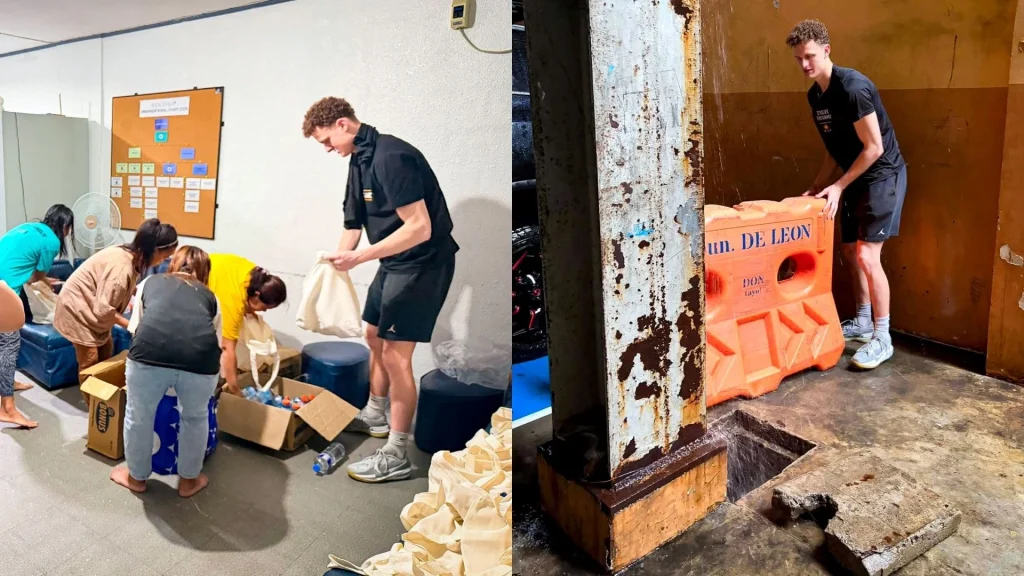 Split scene shows volunteers sorting donations into boxes while a young man moves an orange road barrier through a worn doorway, conveying teamwork.