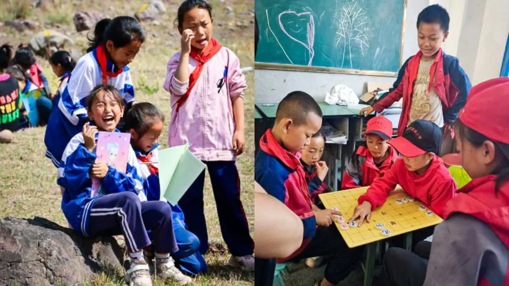 A split image showing children outdoors in blue and white uniforms and students indoors wearing red jackets while playing a board game in a classroom.